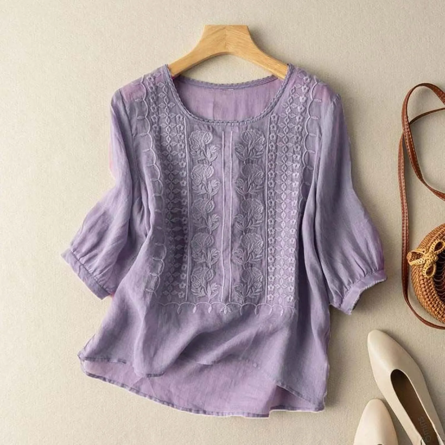 Women's Boho Loose Embroidered Linen Cotton T Shirt Vintage Retro Style Summer Lightweight Workout Shirts Loose