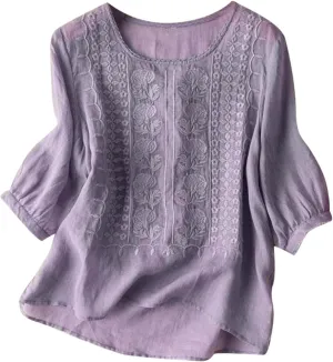 Women's Boho Loose Embroidered Linen Cotton T Shirt Vintage Retro Style Summer Lightweight Workout Shirts Loose