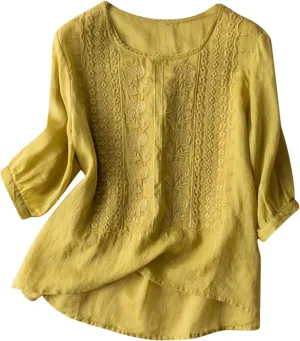 Women's Boho Loose Embroidered Linen Cotton T Shirt Vintage Retro Style Summer Lightweight Workout Shirts Loose