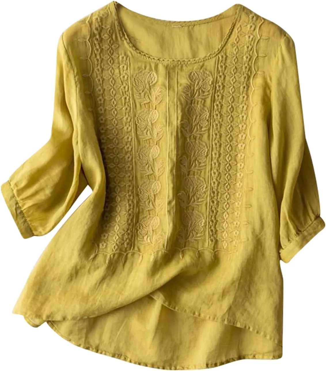 Women's Boho Loose Embroidered Linen Cotton T Shirt Vintage Retro Style Summer Lightweight Workout Shirts Loose