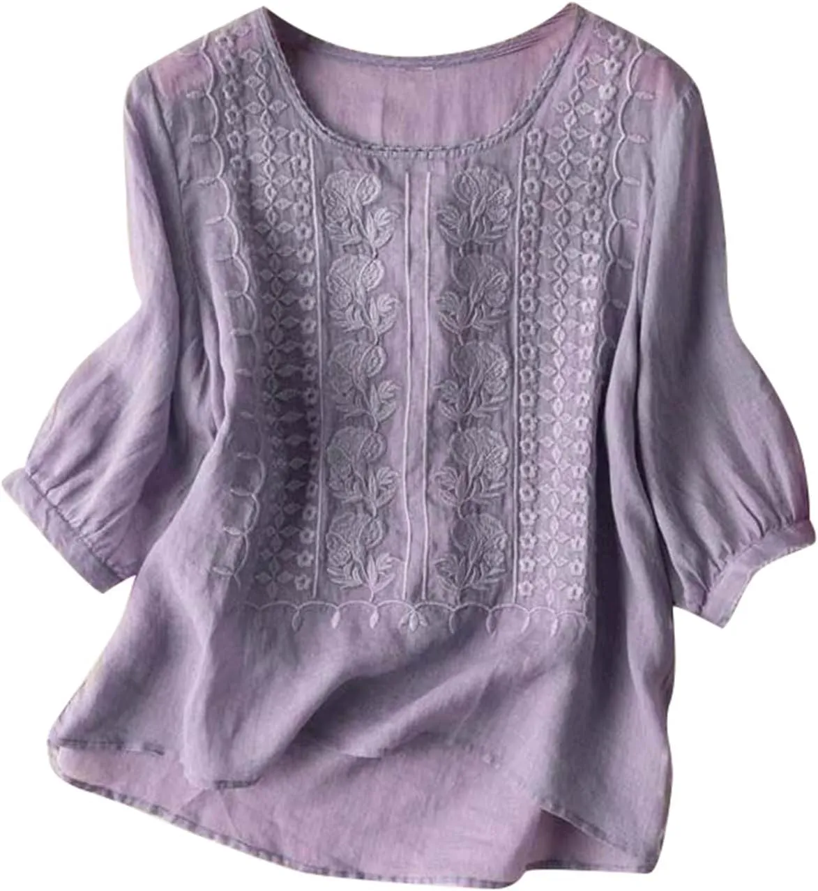 Women's Boho Loose Embroidered Linen Cotton T Shirt Vintage Retro Style Summer Lightweight Workout Shirts Loose