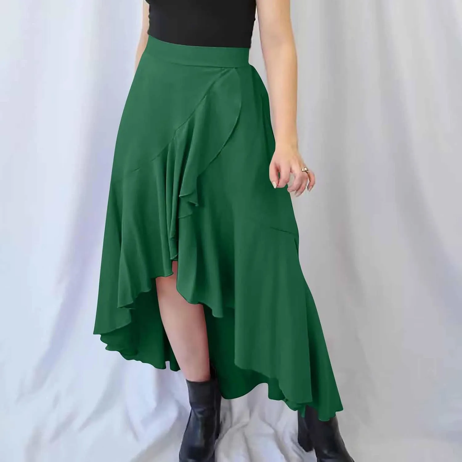 Women's Casual High Waisted Flowy Maxi Skirts Trendy Dressy High Slit Front Irregular Hem Pleated Long Skirts