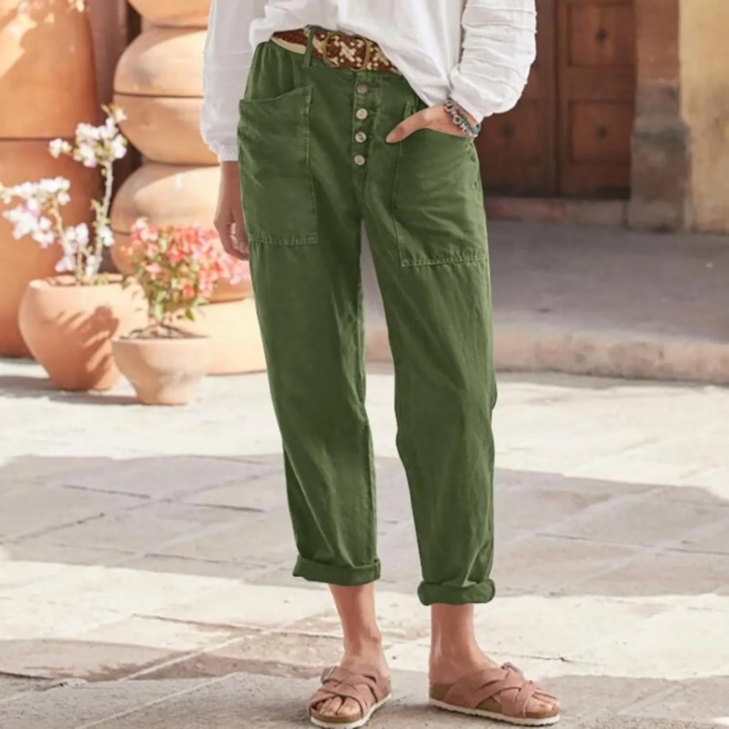 Women's Casual Loose Wide Leg Cozy Pants and Linen Long Pants High Waist Loose Capri Pants Trousers with Pockets