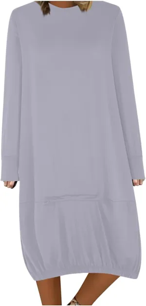 Women's Casual Solid Color Simple Dresses Long Sleeve Scoop Neck T-Shirt Dress Loose Elastic Hem Shift Midi Dresses