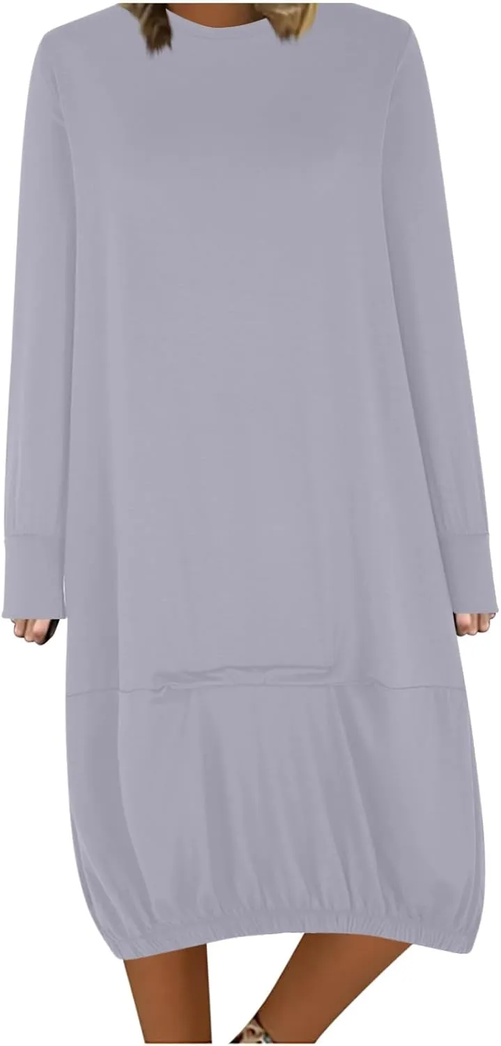 Women's Casual Solid Color Simple Dresses Long Sleeve Scoop Neck T-Shirt Dress Loose Elastic Hem Shift Midi Dresses