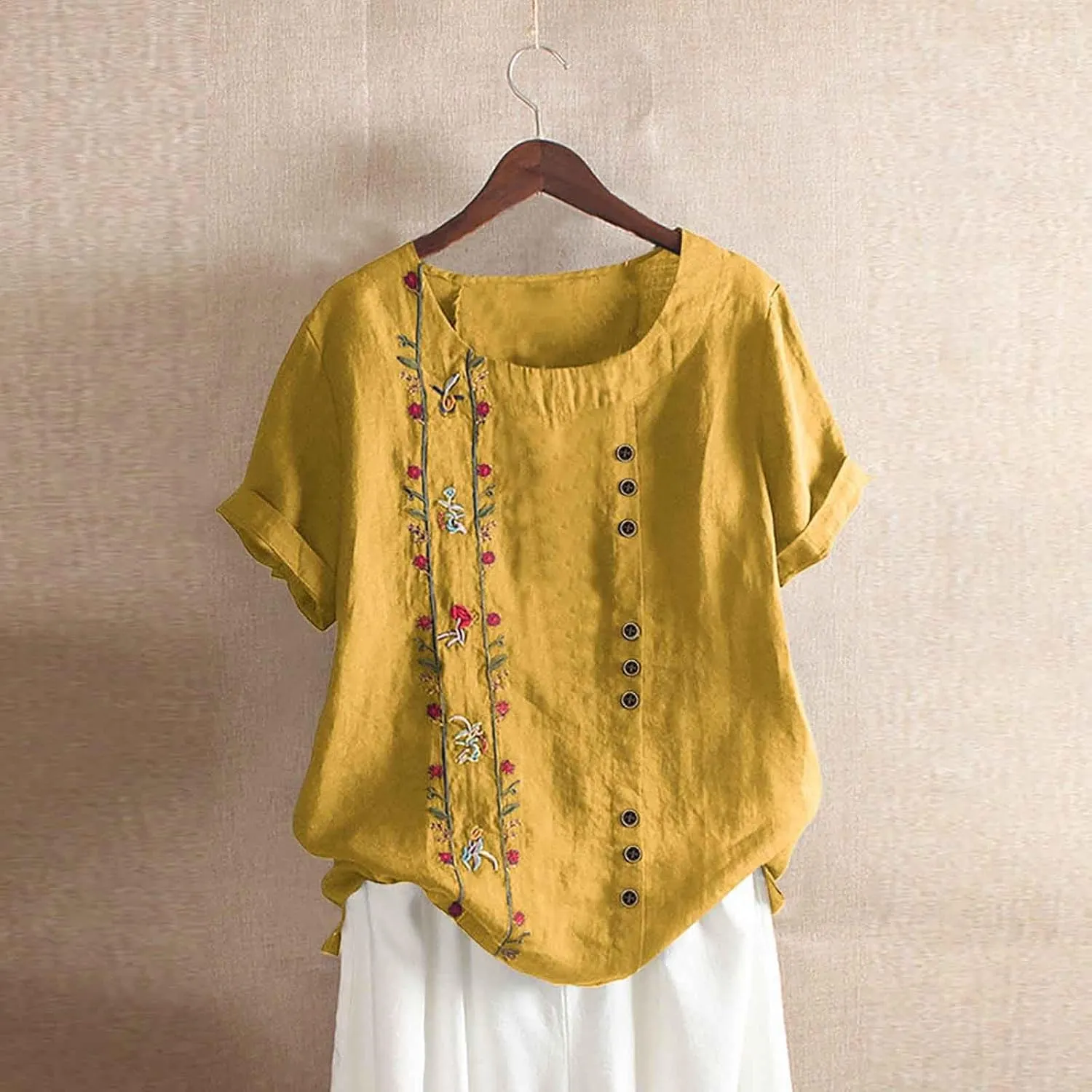 Women's Cotton Linen Shirts Fashion Loose Round Neck Embroidered Tees Loose Ethnic Style Casual Short Sleeve Shirt