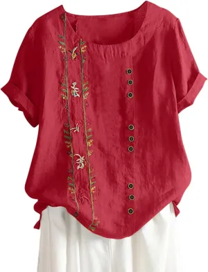 Women's Cotton Linen Shirts Fashion Loose Round Neck Embroidered Tees Loose Ethnic Style Casual Short Sleeve Shirt
