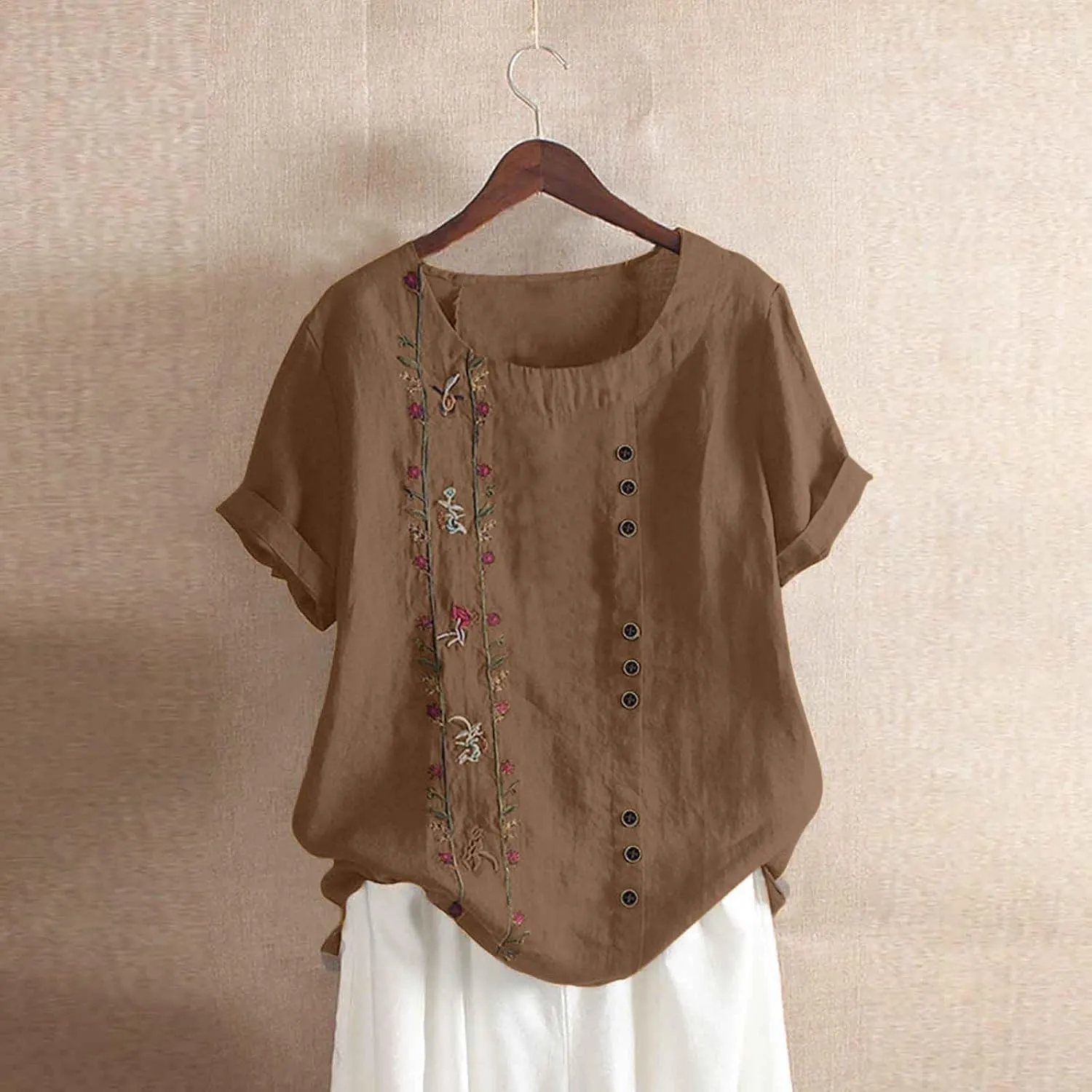 Women's Cotton Linen Shirts Fashion Loose Round Neck Embroidered Tees Loose Ethnic Style Casual Short Sleeve Shirt