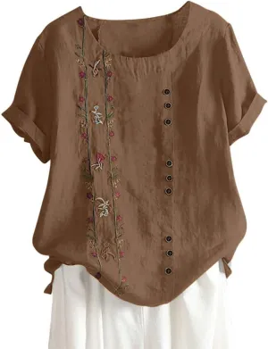 Women's Cotton Linen Shirts Fashion Loose Round Neck Embroidered Tees Loose Ethnic Style Casual Short Sleeve Shirt