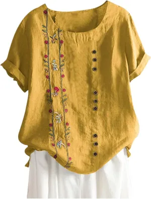 Women's Cotton Linen Shirts Fashion Loose Round Neck Embroidered Tees Loose Ethnic Style Casual Short Sleeve Shirt