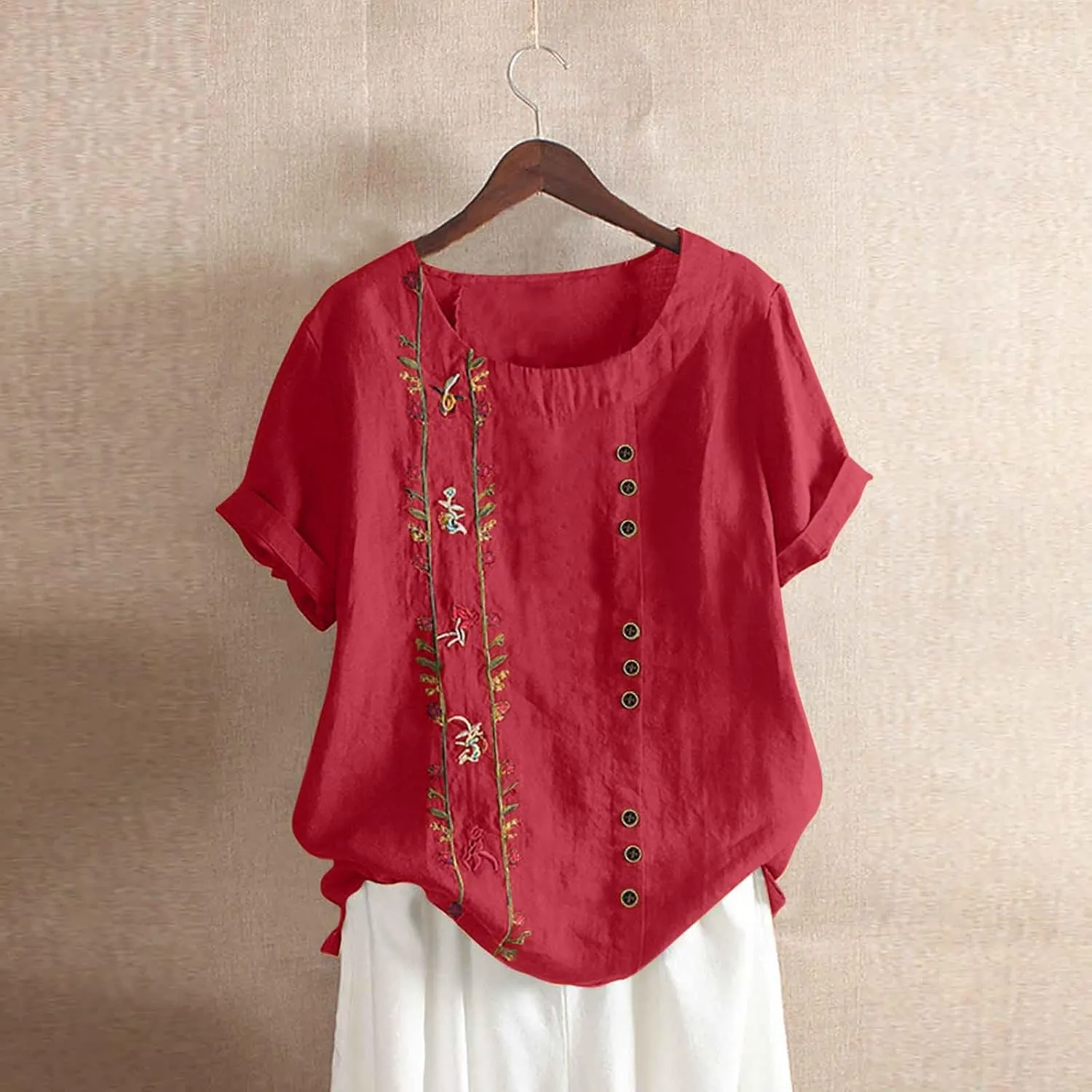 Women's Cotton Linen Shirts Fashion Loose Round Neck Embroidered Tees Loose Ethnic Style Casual Short Sleeve Shirt
