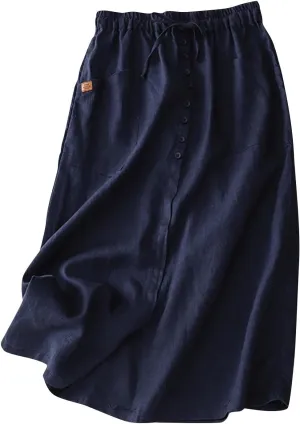 Womens Cotton Linen Skirts Summer Casual Loose Fit High Waisted Drawstring Pleated Swing Midi Skirt with Pockets