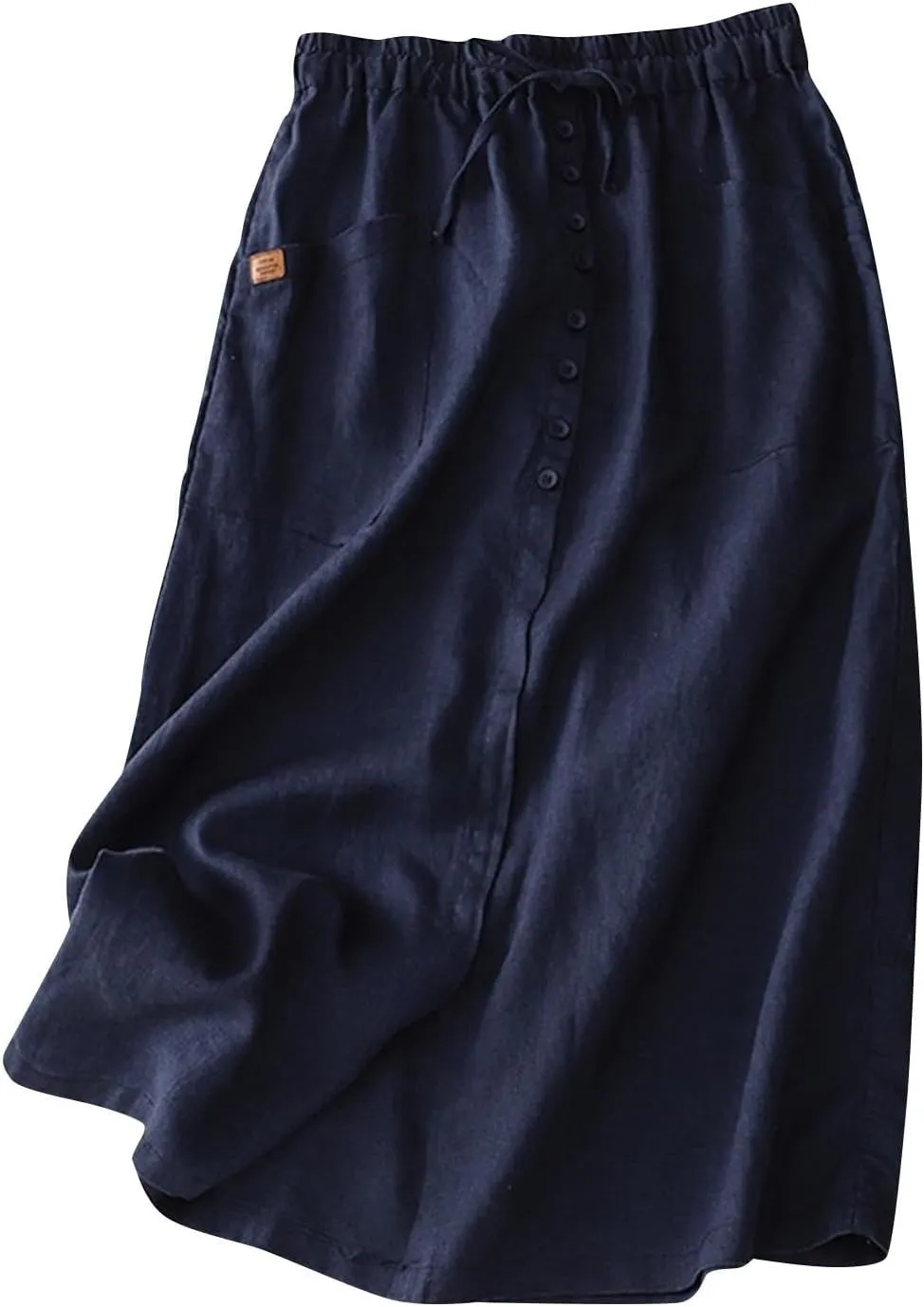 Womens Cotton Linen Skirts Summer Casual Loose Fit High Waisted Drawstring Pleated Swing Midi Skirt with Pockets