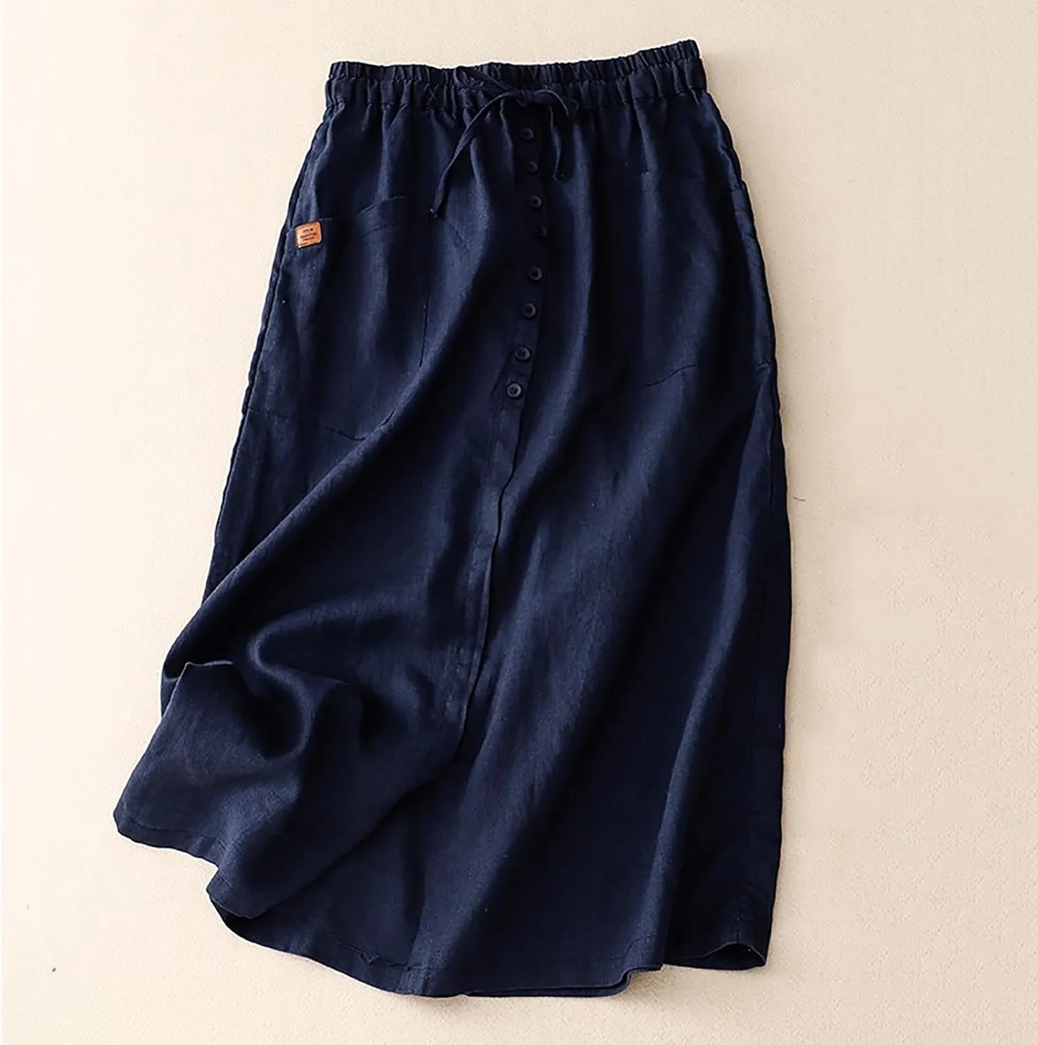 Womens Cotton Linen Skirts Summer Casual Loose Fit High Waisted Drawstring Pleated Swing Midi Skirt with Pockets