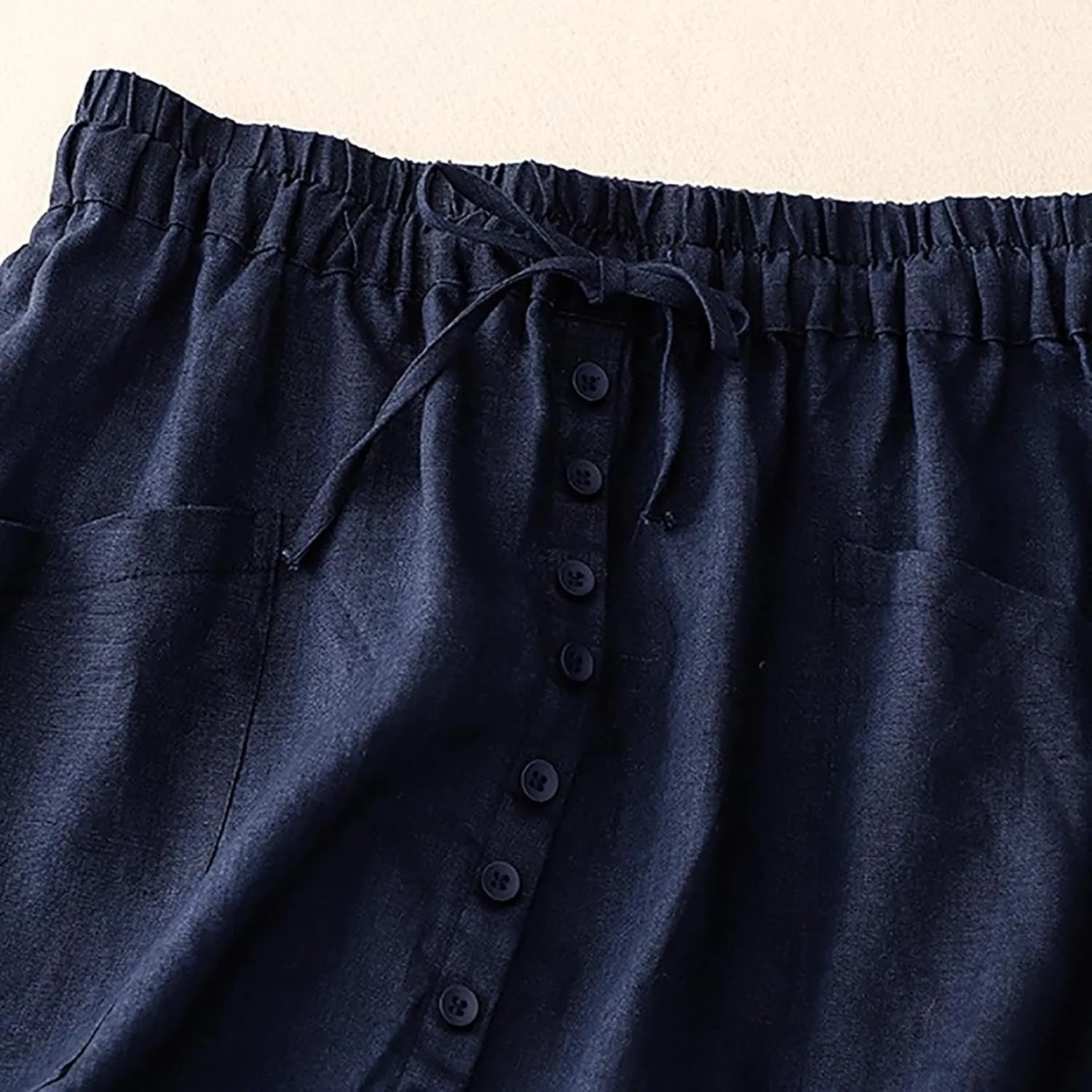 Womens Cotton Linen Skirts Summer Casual Loose Fit High Waisted Drawstring Pleated Swing Midi Skirt with Pockets