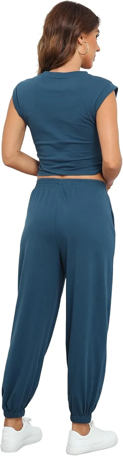 Women's Cozy 2 Piece Outfits Lounge Sets Sleeveless Cropped Tops High Waisted Jogger Sweatpants Sweats Track Suits Set