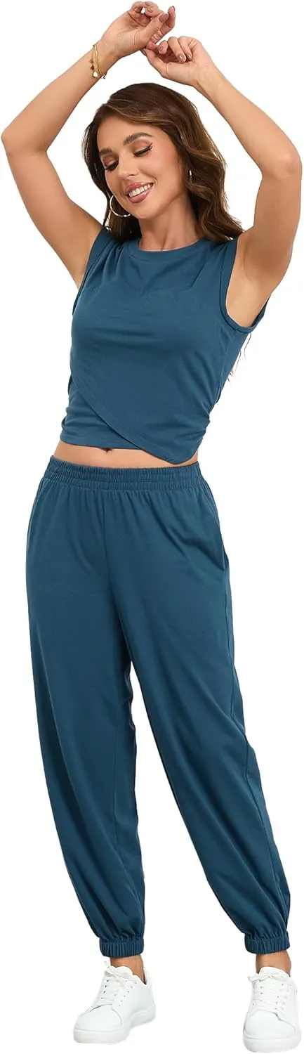 Women's Cozy 2 Piece Outfits Lounge Sets Sleeveless Cropped Tops High Waisted Jogger Sweatpants Sweats Track Suits Set