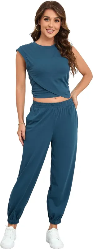 Women's Cozy 2 Piece Outfits Lounge Sets Sleeveless Cropped Tops High Waisted Jogger Sweatpants Sweats Track Suits Set