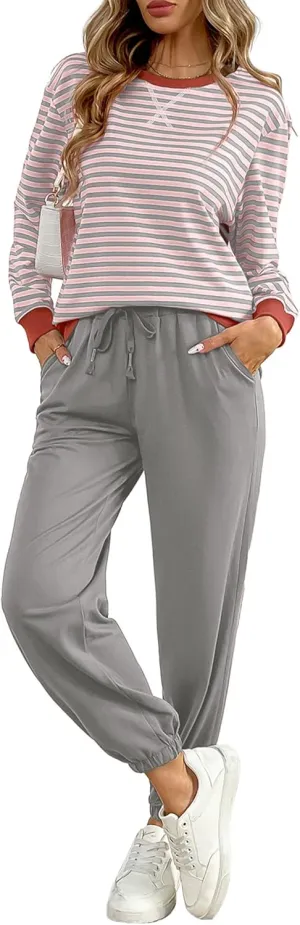 Women's Cozy 2 Piece Outfits Lounge Sets Striped Color Block Long Sleeve Tops Jogger Sweatpants Sweats Track Suits Set