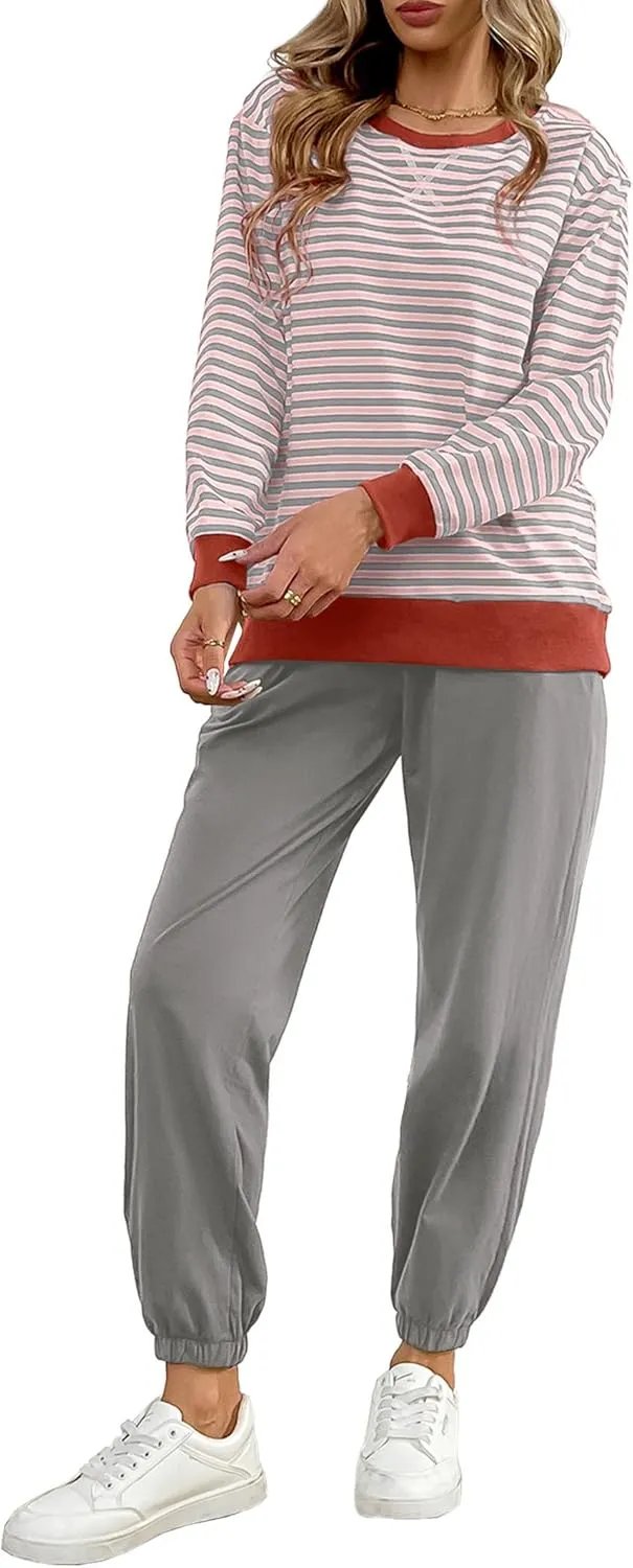 Women's Cozy 2 Piece Outfits Lounge Sets Striped Color Block Long Sleeve Tops Jogger Sweatpants Sweats Track Suits Set