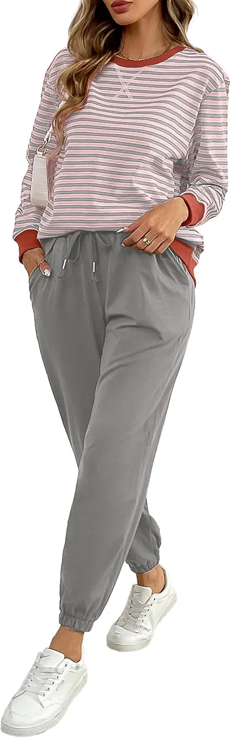 Women's Cozy 2 Piece Outfits Lounge Sets Striped Color Block Long Sleeve Tops Jogger Sweatpants Sweats Track Suits Set