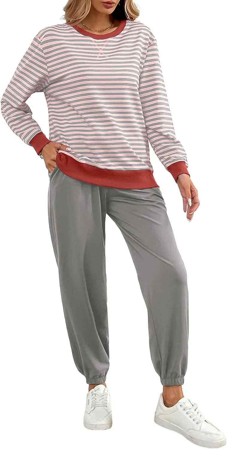 Women's Cozy 2 Piece Outfits Lounge Sets Striped Color Block Long Sleeve Tops Jogger Sweatpants Sweats Track Suits Set