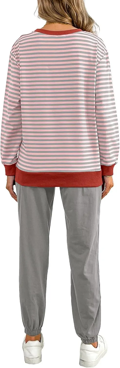 Women's Cozy 2 Piece Outfits Lounge Sets Striped Color Block Long Sleeve Tops Jogger Sweatpants Sweats Track Suits Set