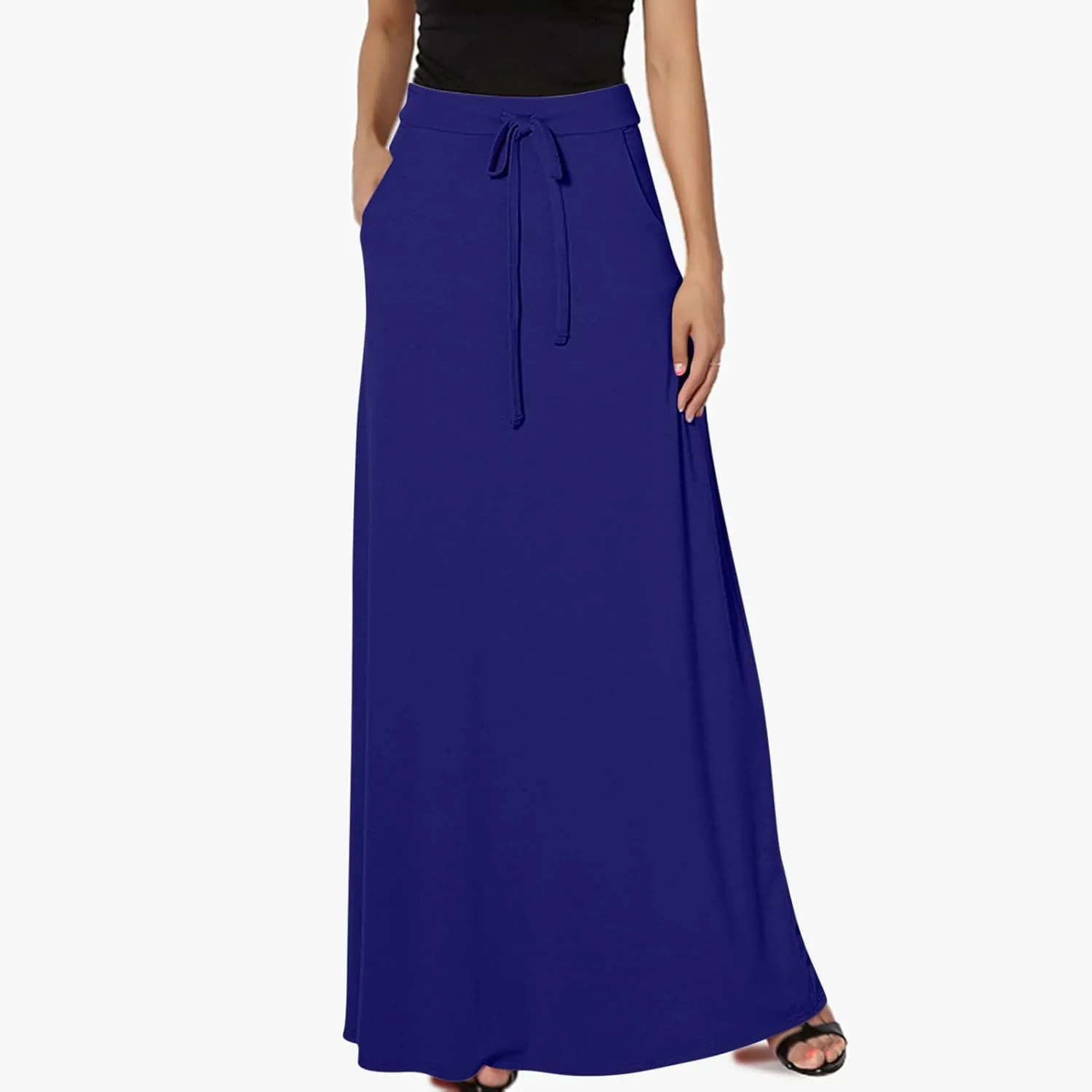 Women's Drawstring High Waist Maxi Skirts with Pockets Dressy Solid A Line Long Skirts Casual Slim Fit Pencil Skirt