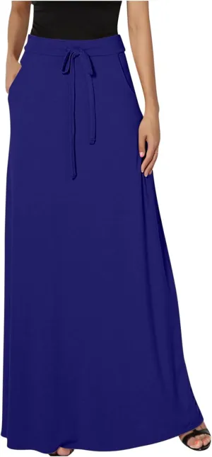 Women's Drawstring High Waist Maxi Skirts with Pockets Dressy Solid A Line Long Skirts Casual Slim Fit Pencil Skirt