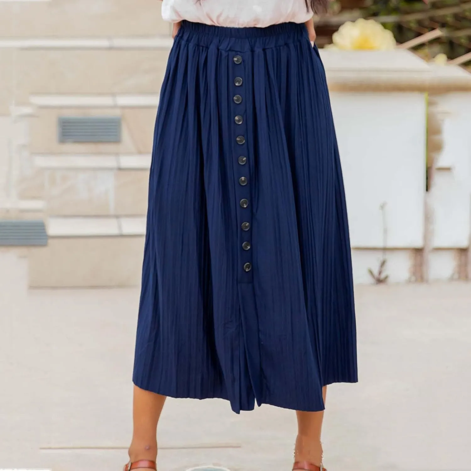 Women's Elastic High Waist Pleated A-Line Midi Skirts Dressy Casual Trendy Button Down Business Work Long Skirt