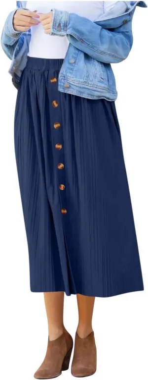 Women's Elastic High Waist Pleated A-Line Midi Skirts Dressy Casual Trendy Button Down Business Work Long Skirt