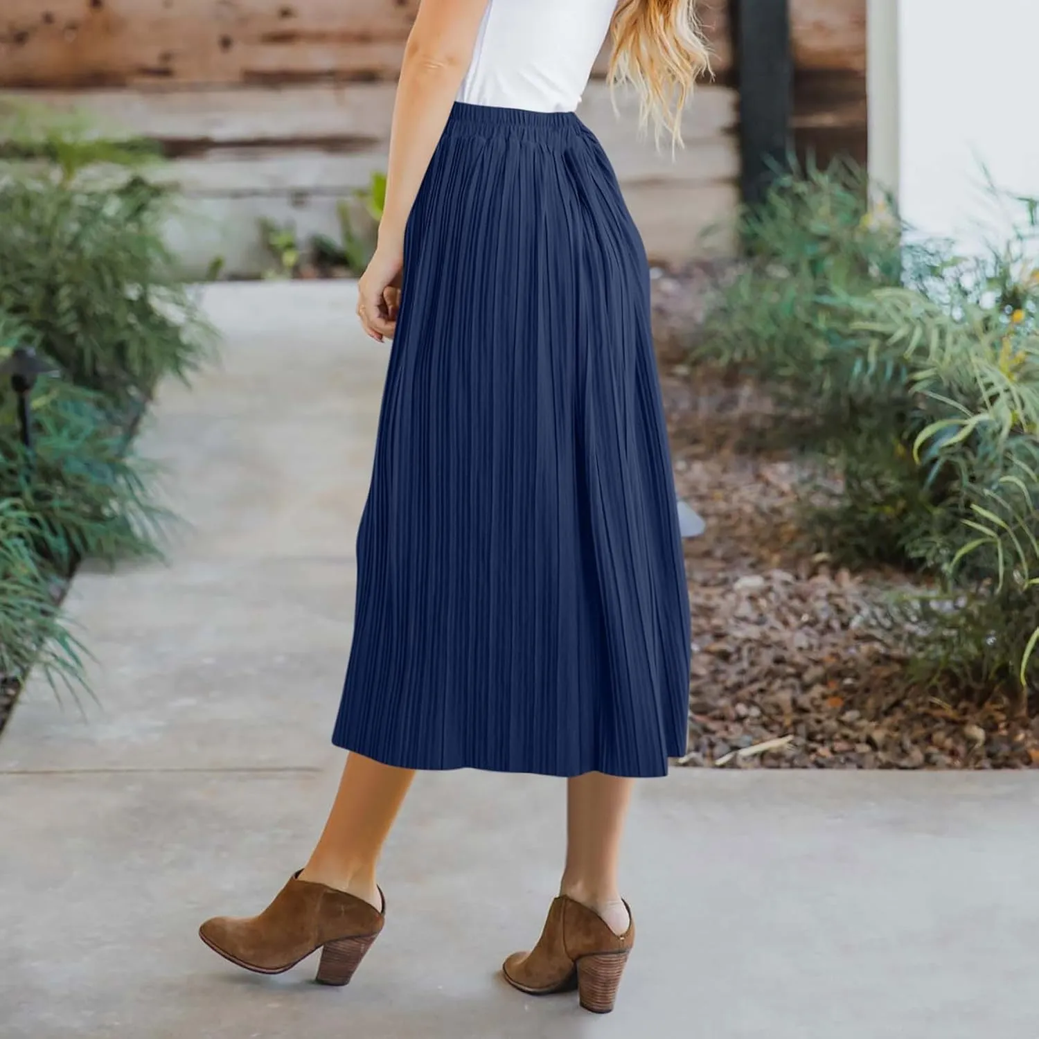 Women's Elastic High Waist Pleated A-Line Midi Skirts Dressy Casual Trendy Button Down Business Work Long Skirt
