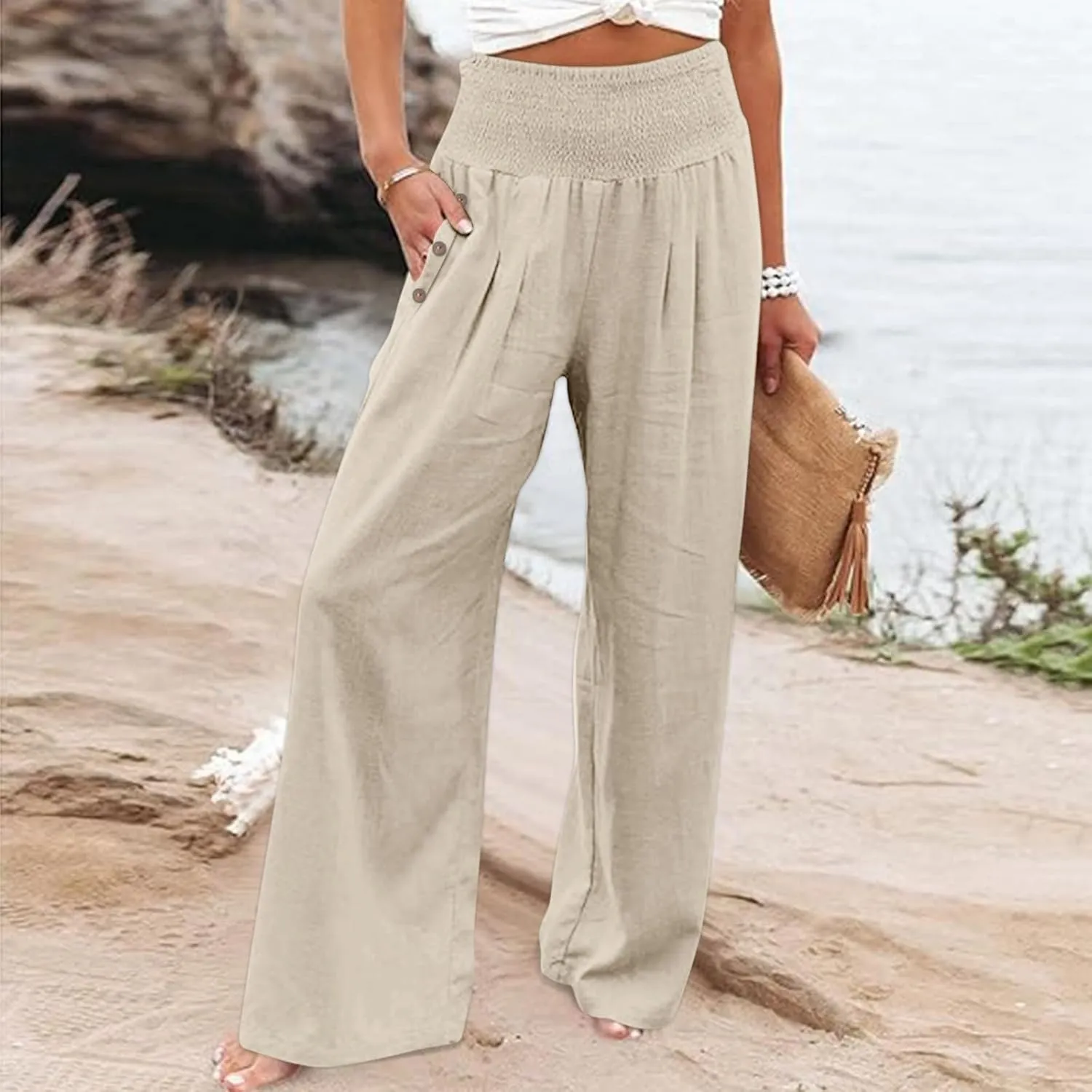 Women's Fashion Loose Casual Buttoned Wide Leg Dressy Loose Fit Pants