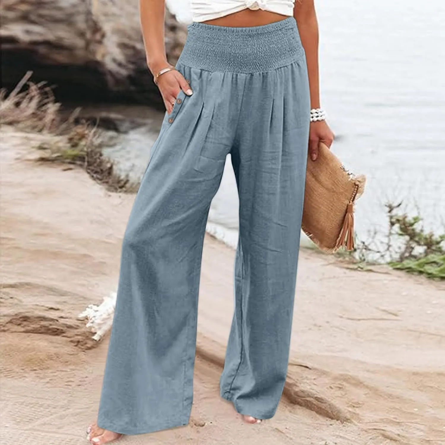 Women's Fashion Loose Casual Buttoned Wide Leg Dressy Loose Fit Pants