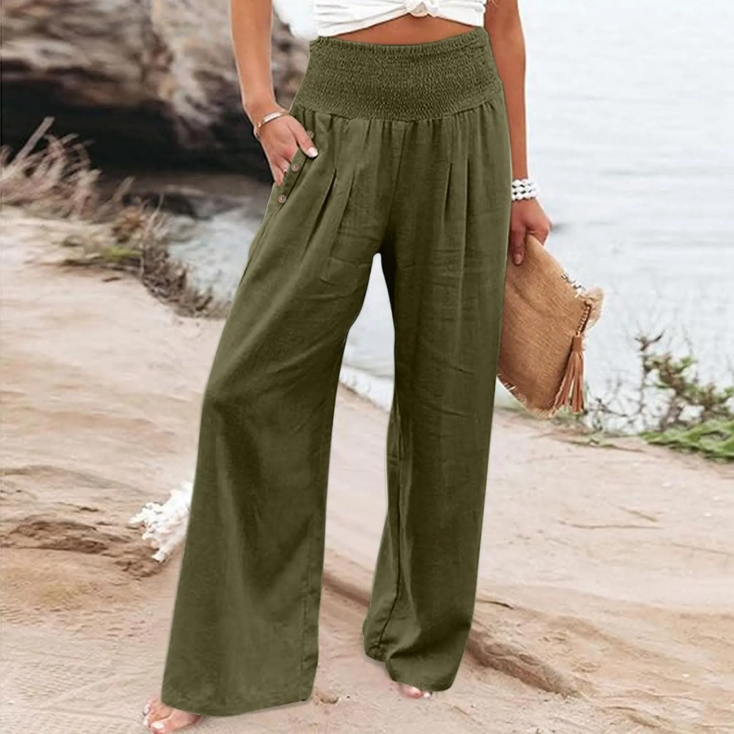 Women's Fashion Loose Casual Buttoned Wide Leg Dressy Loose Fit Pants