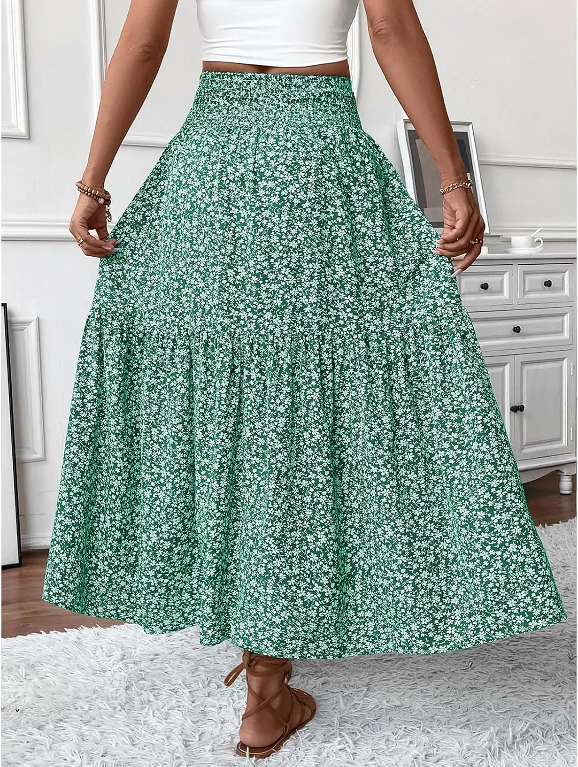 Women's Floral Maxi Skirts Summer Print Elastic High Waisted Ruffle Hem Skorts Casual Flowy Boho Long Beach Skirts