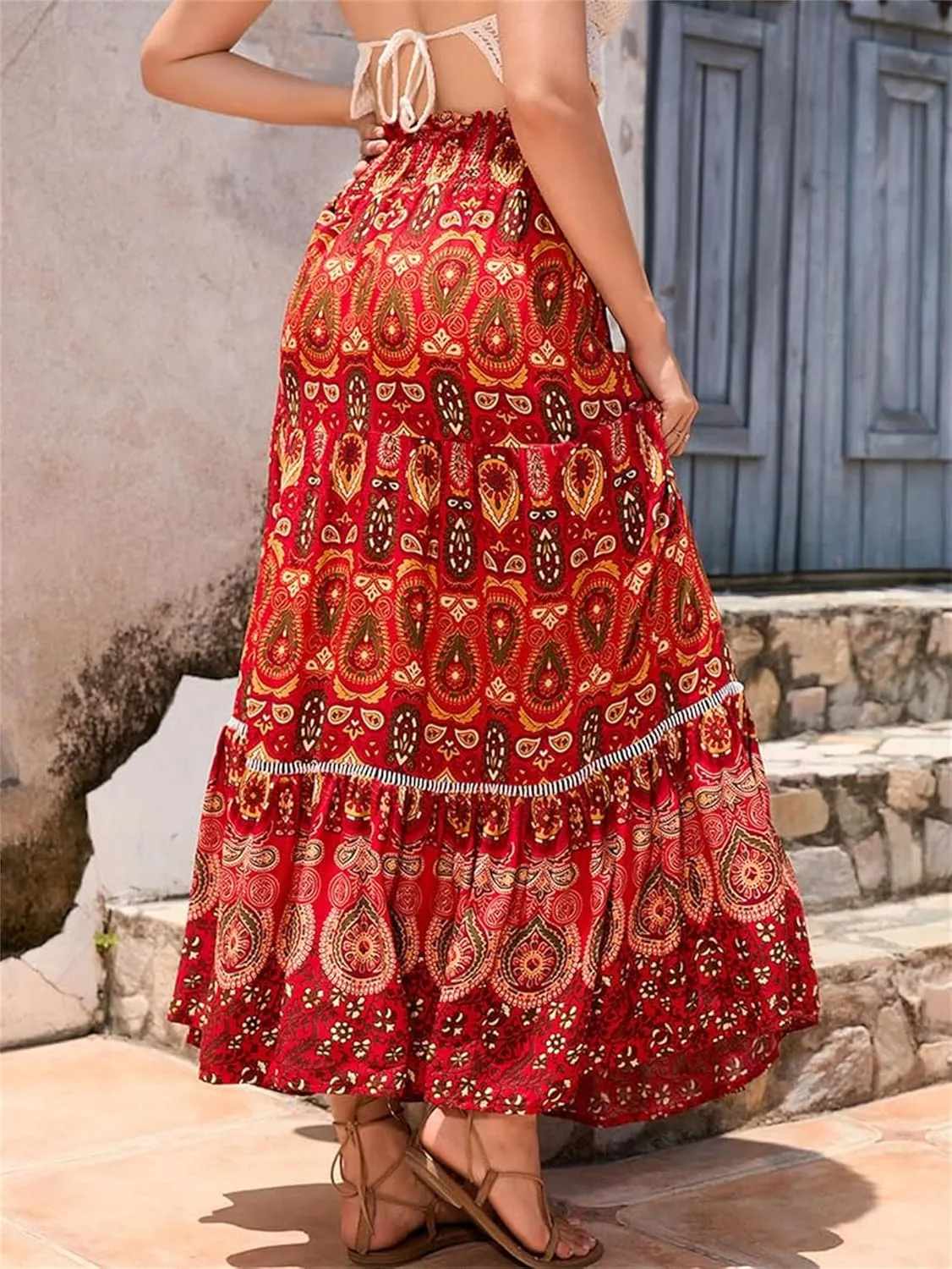 Womens Floral Print Boho Maxi Skirt Casual Elastic High Waist Skirts Pleated Ruffle Flowy Skirts Long Beach Skirt