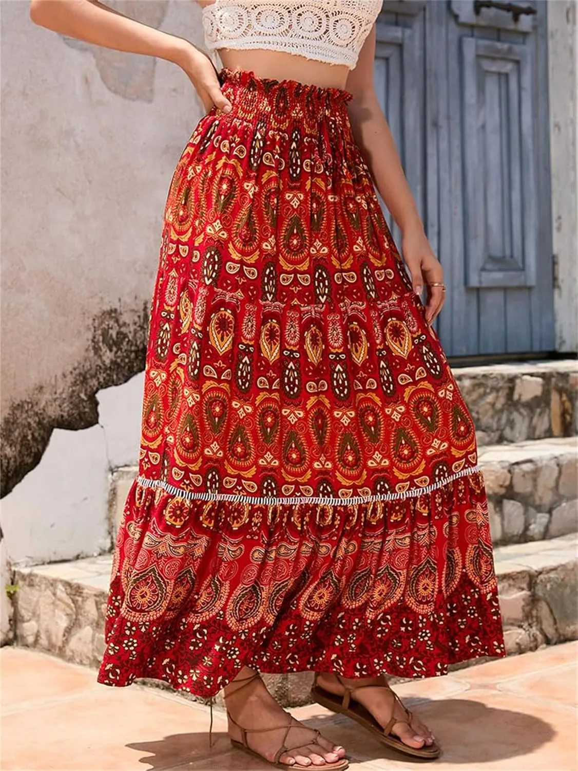 Womens Floral Print Boho Maxi Skirt Casual Elastic High Waist Skirts Pleated Ruffle Flowy Skirts Long Beach Skirt