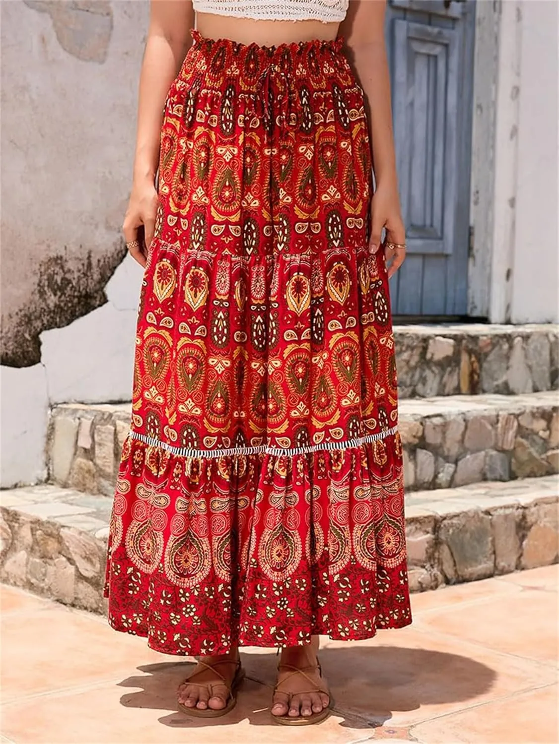 Womens Floral Print Boho Maxi Skirt Casual Elastic High Waist Skirts Pleated Ruffle Flowy Skirts Long Beach Skirt