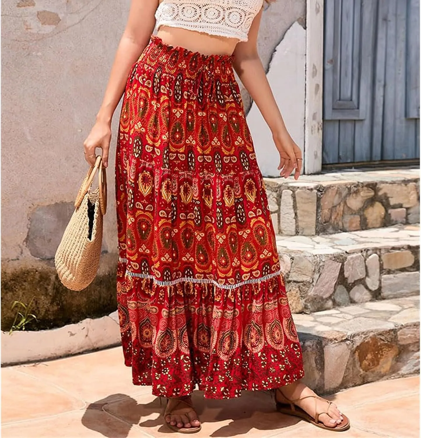 Womens Floral Print Boho Maxi Skirt Casual Elastic High Waist Skirts Pleated Ruffle Flowy Skirts Long Beach Skirt