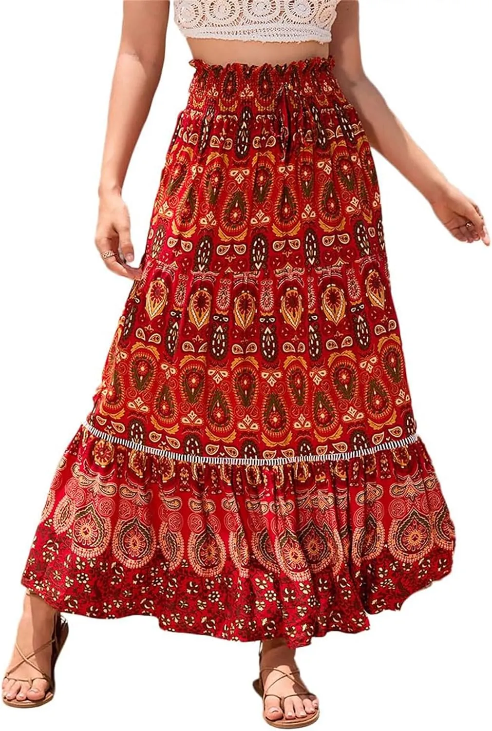Womens Floral Print Boho Maxi Skirt Casual Elastic High Waist Skirts Pleated Ruffle Flowy Skirts Long Beach Skirt
