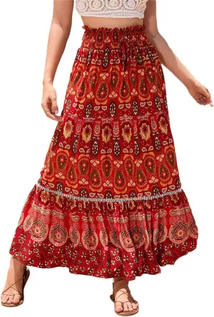 Womens Floral Print Boho Maxi Skirt Casual Elastic High Waist Skirts Pleated Ruffle Flowy Skirts Long Beach Skirt