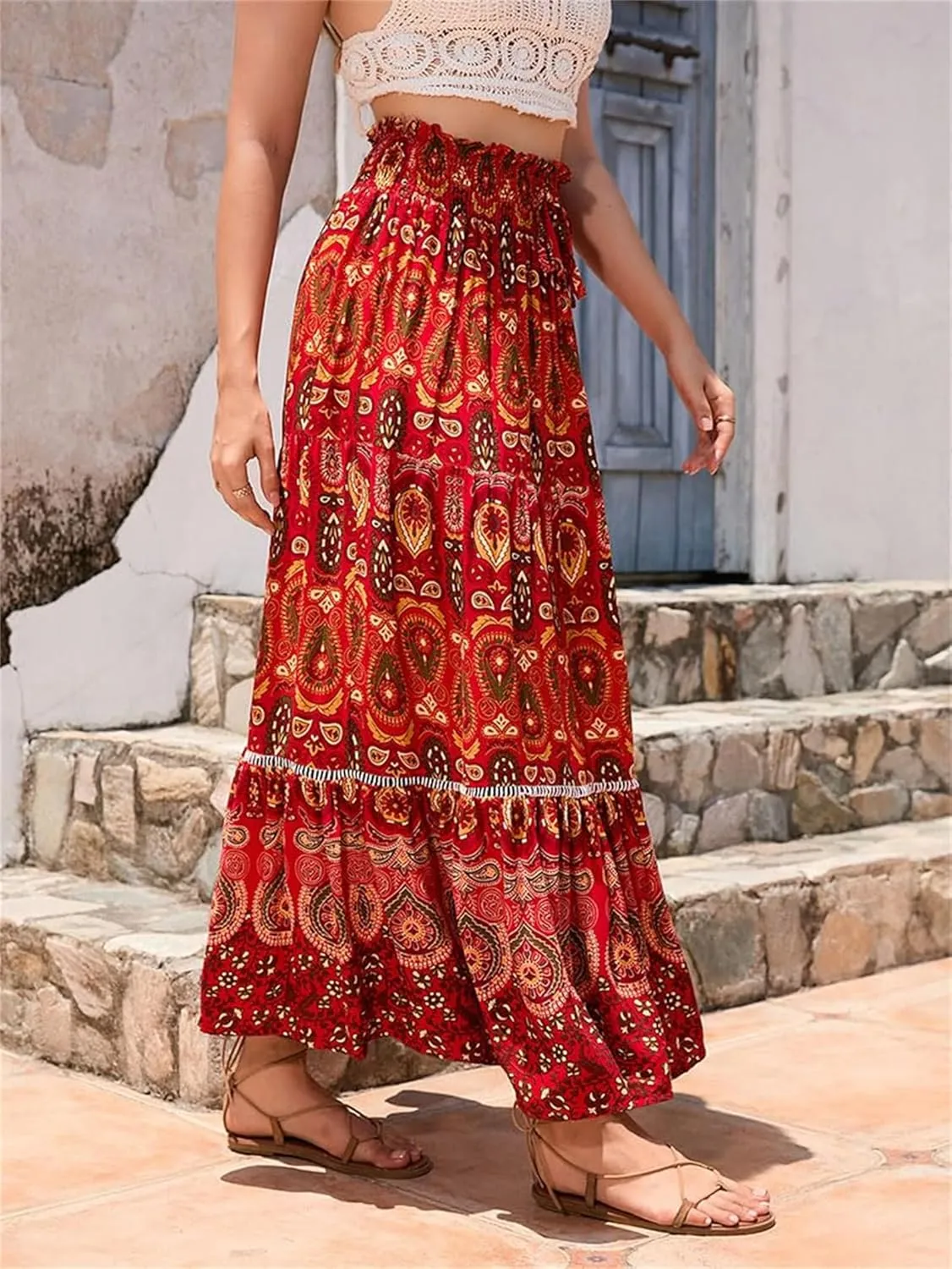 Womens Floral Print Boho Maxi Skirt Casual Elastic High Waist Skirts Pleated Ruffle Flowy Skirts Long Beach Skirt
