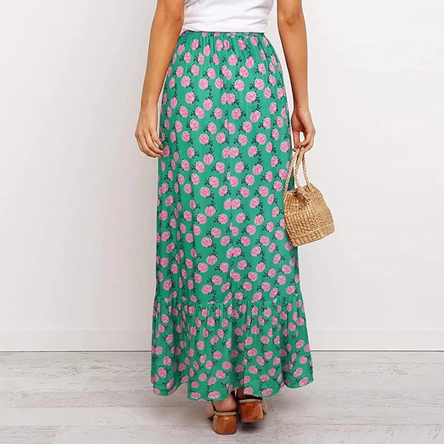 Womens Floral Print Boho Maxi Skirt High Elastic Waist Pleated Flowy Swing A-Line Maxi Skirts Summer Beach Flowy Skirts
