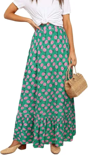 Womens Floral Print Boho Maxi Skirt High Elastic Waist Pleated Flowy Swing A-Line Maxi Skirts Summer Beach Flowy Skirts