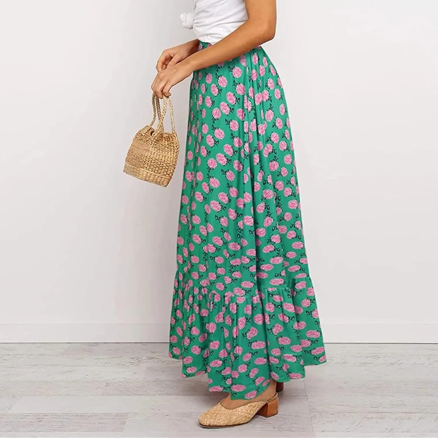 Womens Floral Print Boho Maxi Skirt High Elastic Waist Pleated Flowy Swing A-Line Maxi Skirts Summer Beach Flowy Skirts