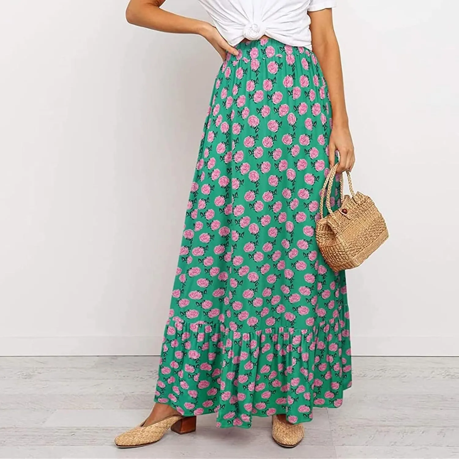 Womens Floral Print Boho Maxi Skirt High Elastic Waist Pleated Flowy Swing A-Line Maxi Skirts Summer Beach Flowy Skirts