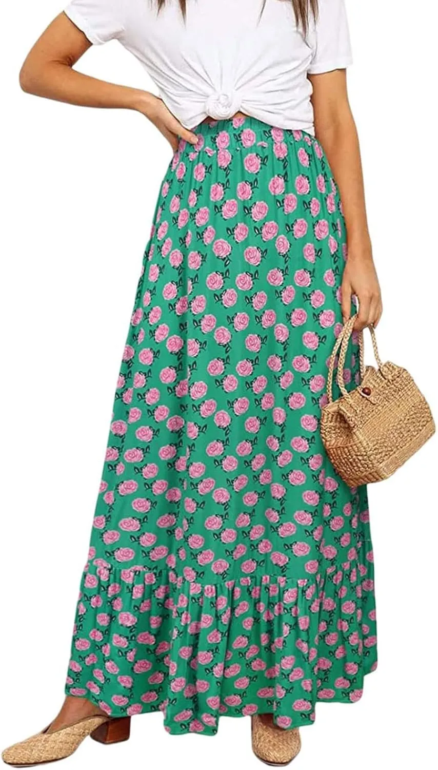 Womens Floral Print Boho Maxi Skirt High Elastic Waist Pleated Flowy Swing A-Line Maxi Skirts Summer Beach Flowy Skirts
