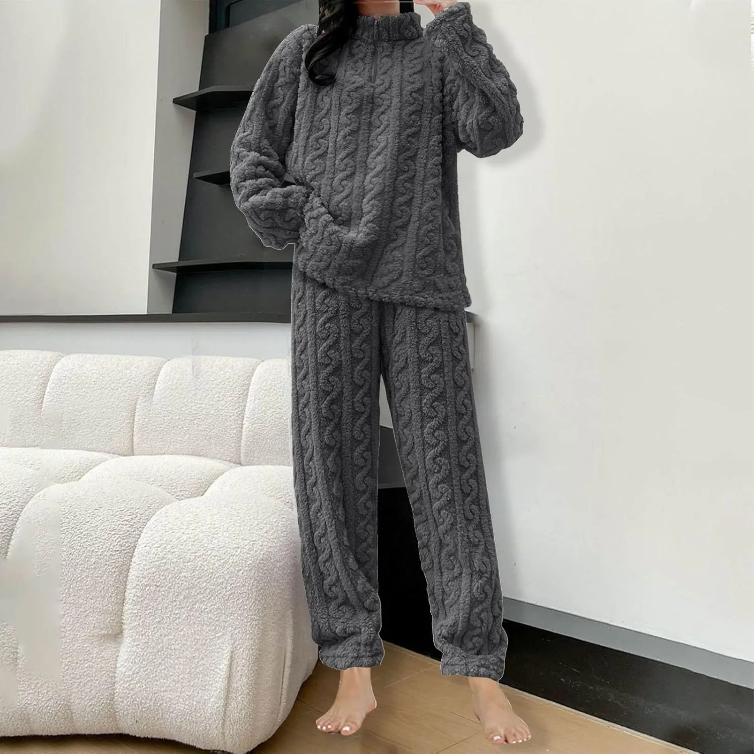 Womens Fuzzy Cute Pajamas Sets Warm Fleece Lounge Set Fluffy Pj Ladies 2 Piece Winter Cozy Pjs Set Plush Sleepwear
