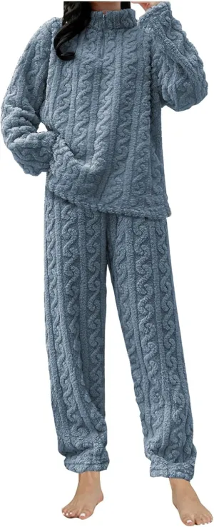 Womens Fuzzy Cute Pajamas Sets Warm Fleece Lounge Set Fluffy Pj Ladies 2 Piece Winter Cozy Pjs Set Plush Sleepwear